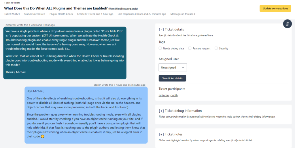 An individual support request view. It shows the title of the request, with a link to the topic on WordPress.org, along with details such as how many messages are in the thread, when the last reply was written, when the request was created, and the current status based on how old the request is. The message area shows the initial support question in a left-sided view, and immediately following, a reply from a support representative in a left/right alignment similar to instant messaging platforms. A sidebar has options for adding tags, or assigning specific users to a request.